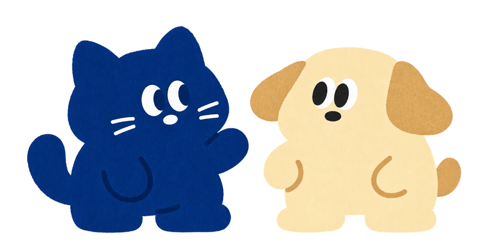 The blue cat and cream dog, the barchives brand mascots, standing together.