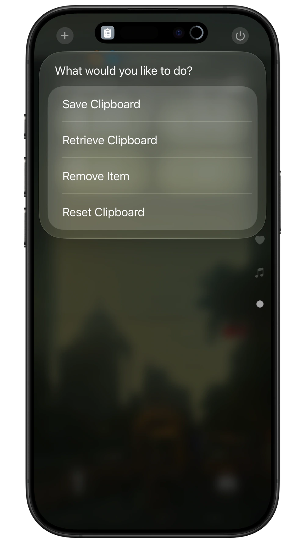 Clipboard shortcut options: Save Clipboard, Retrieve Clipboard, Remove Item, and Reset Clipboard.